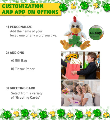 DolliBu Sitting Rooster Stuffed Animal with Green Plush Shamrock - 9 Inches
