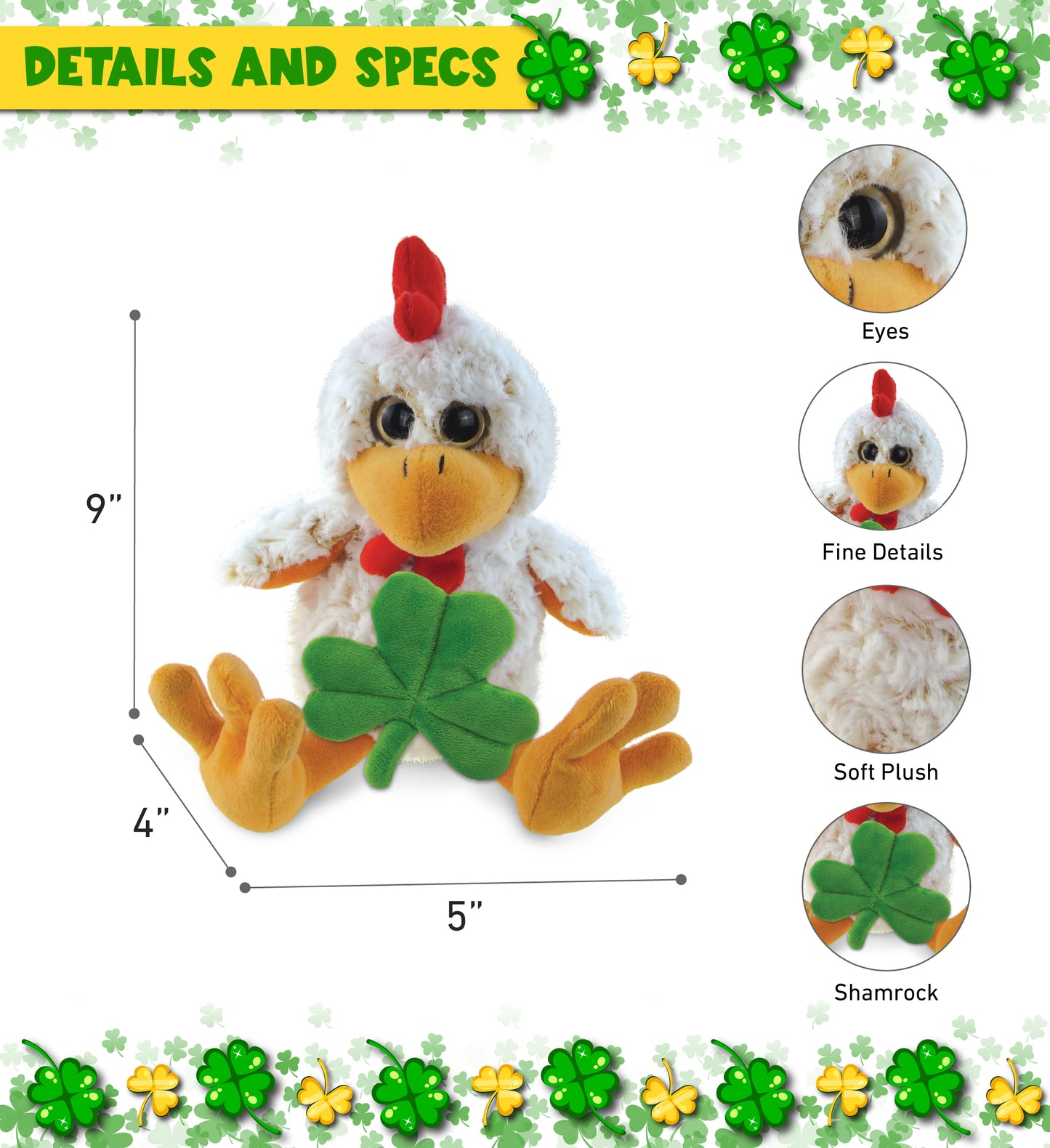 DolliBu Sitting Rooster Stuffed Animal with Green Plush Shamrock - 9 Inches
