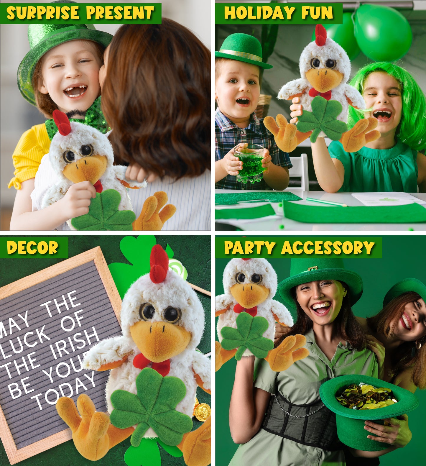 DolliBu Sitting Rooster Stuffed Animal with Green Plush Shamrock - 9 Inches