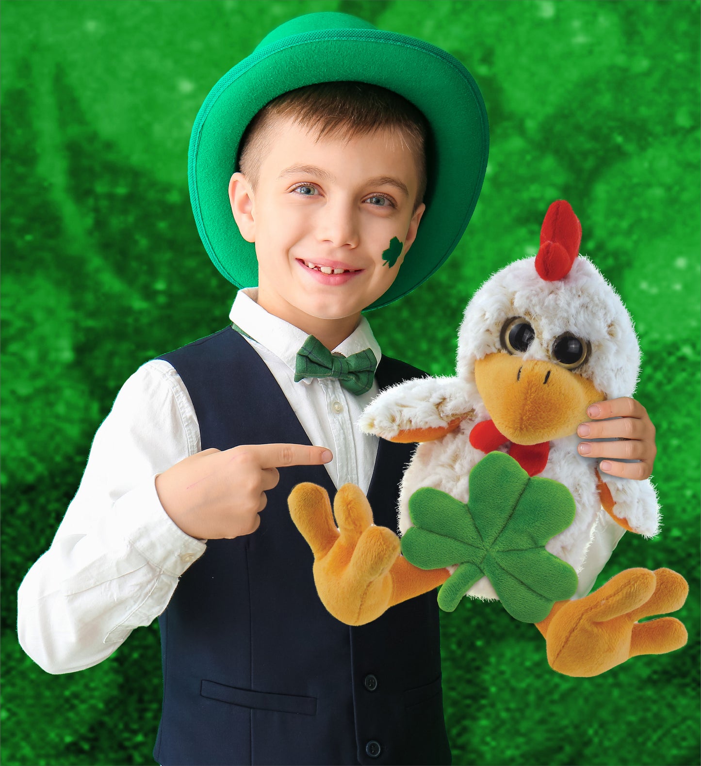 DolliBu Sitting Rooster Stuffed Animal with Green Plush Shamrock - 9 Inches