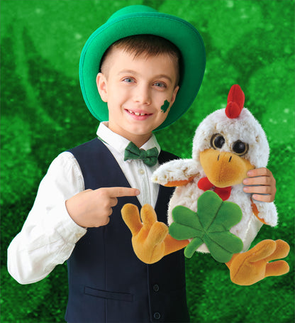 DolliBu Sitting Rooster Stuffed Animal with Green Plush Shamrock - 9 Inches