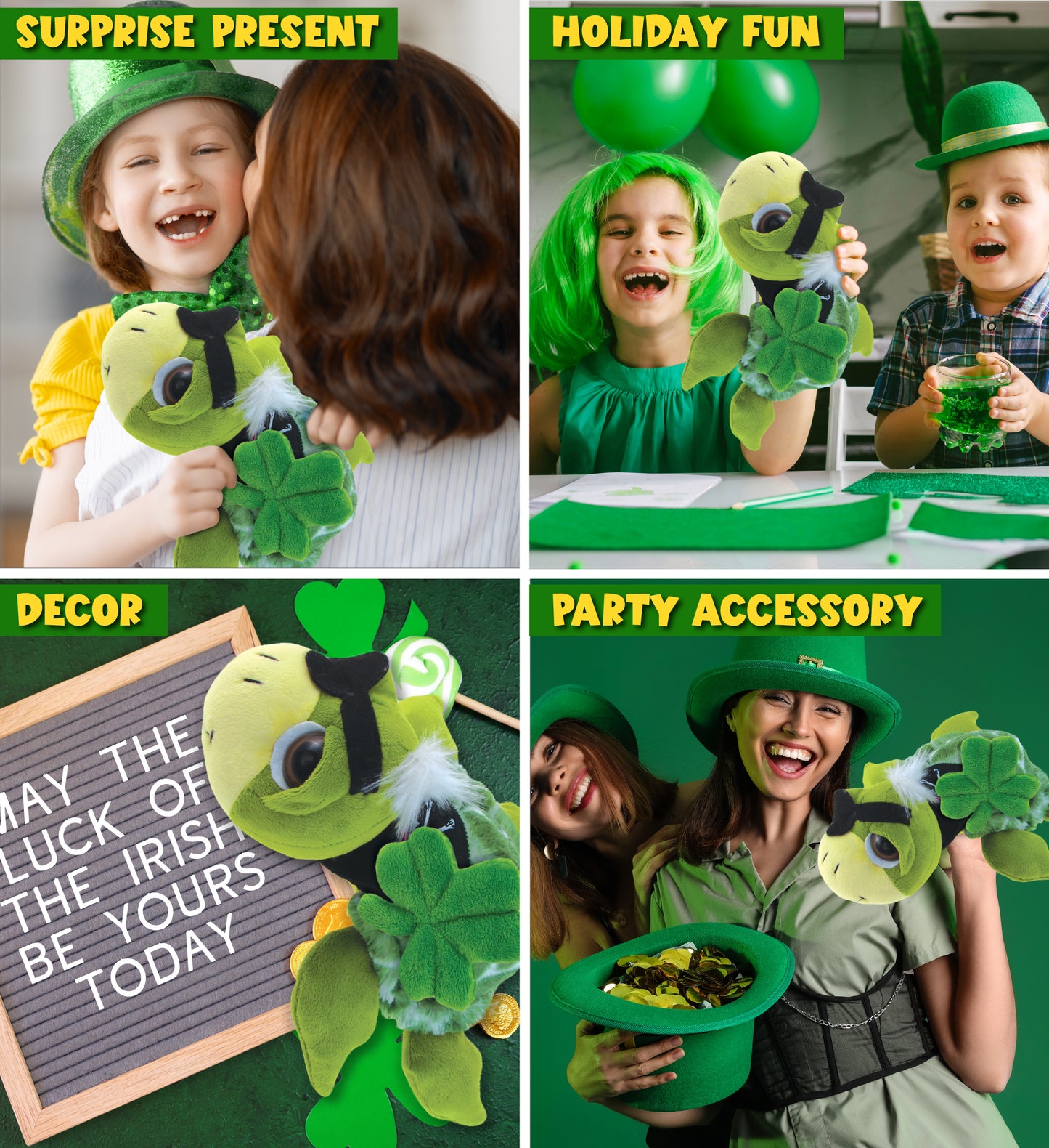 DolliBu Green Pirate Turtle Stuffed Animal with Green Plush Shamrock, 10.5 Inch