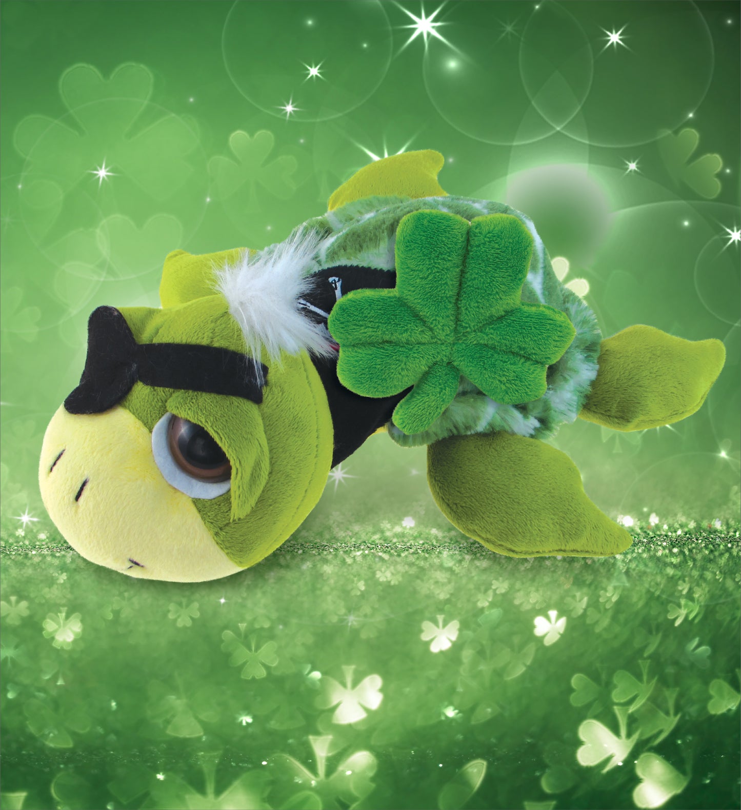 DolliBu Green Pirate Turtle Stuffed Animal with Green Plush Shamrock, 10.5 Inch