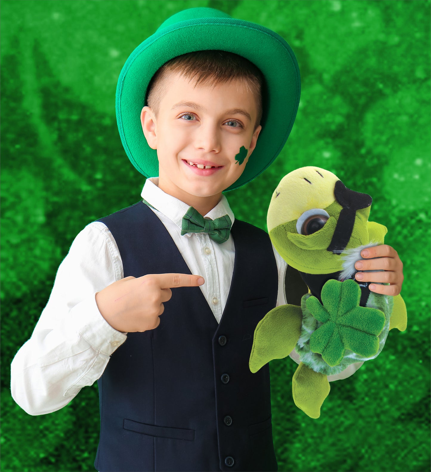 DolliBu Green Pirate Turtle Stuffed Animal with Green Plush Shamrock, 10.5 Inch