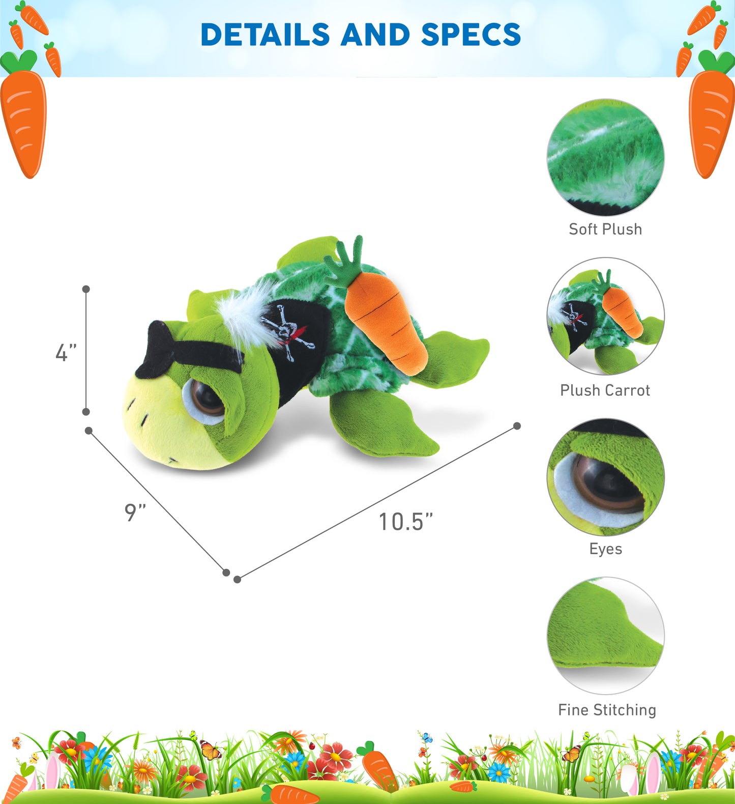 DolliBu Happy Easter Soft Plush Green Pirate Sea Turtle with Carrot - 10.5 Inch