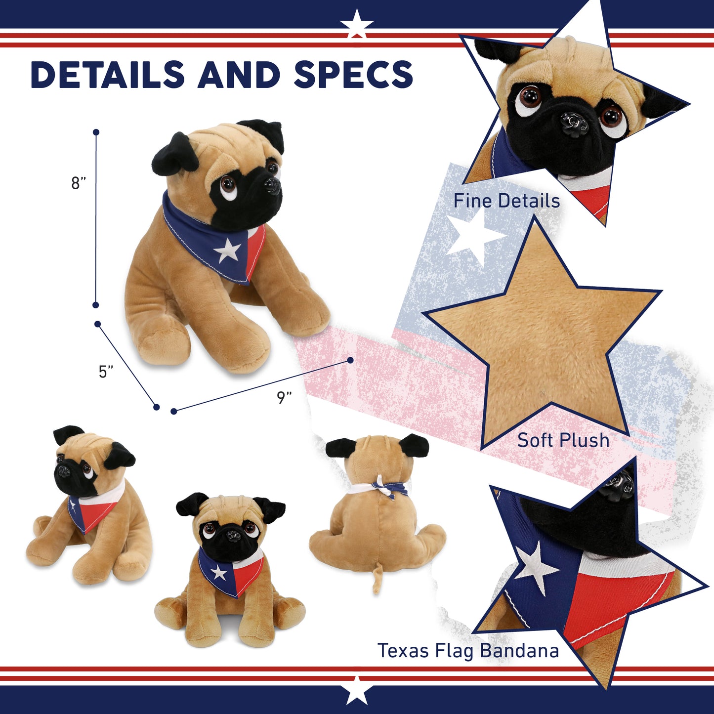 PLUSH - PUG DOG 8" WITH TEXAS FLAG BANDANA
