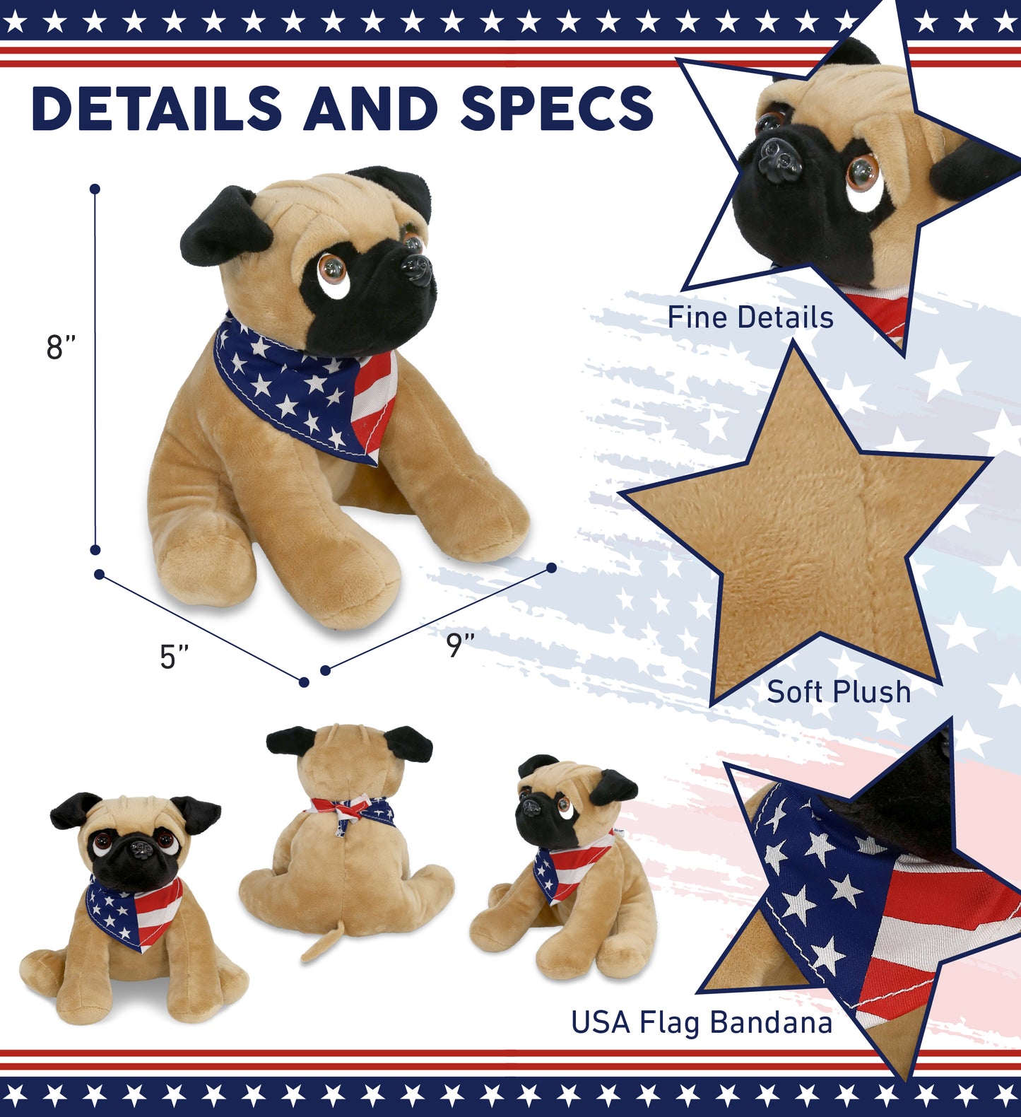 PLUSH - PUG DOG 8" WITH USA FLAG BANDANA