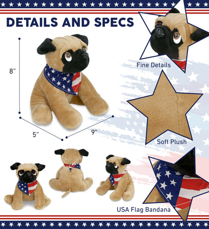 PLUSH - PUG DOG 8" WITH USA FLAG BANDANA
