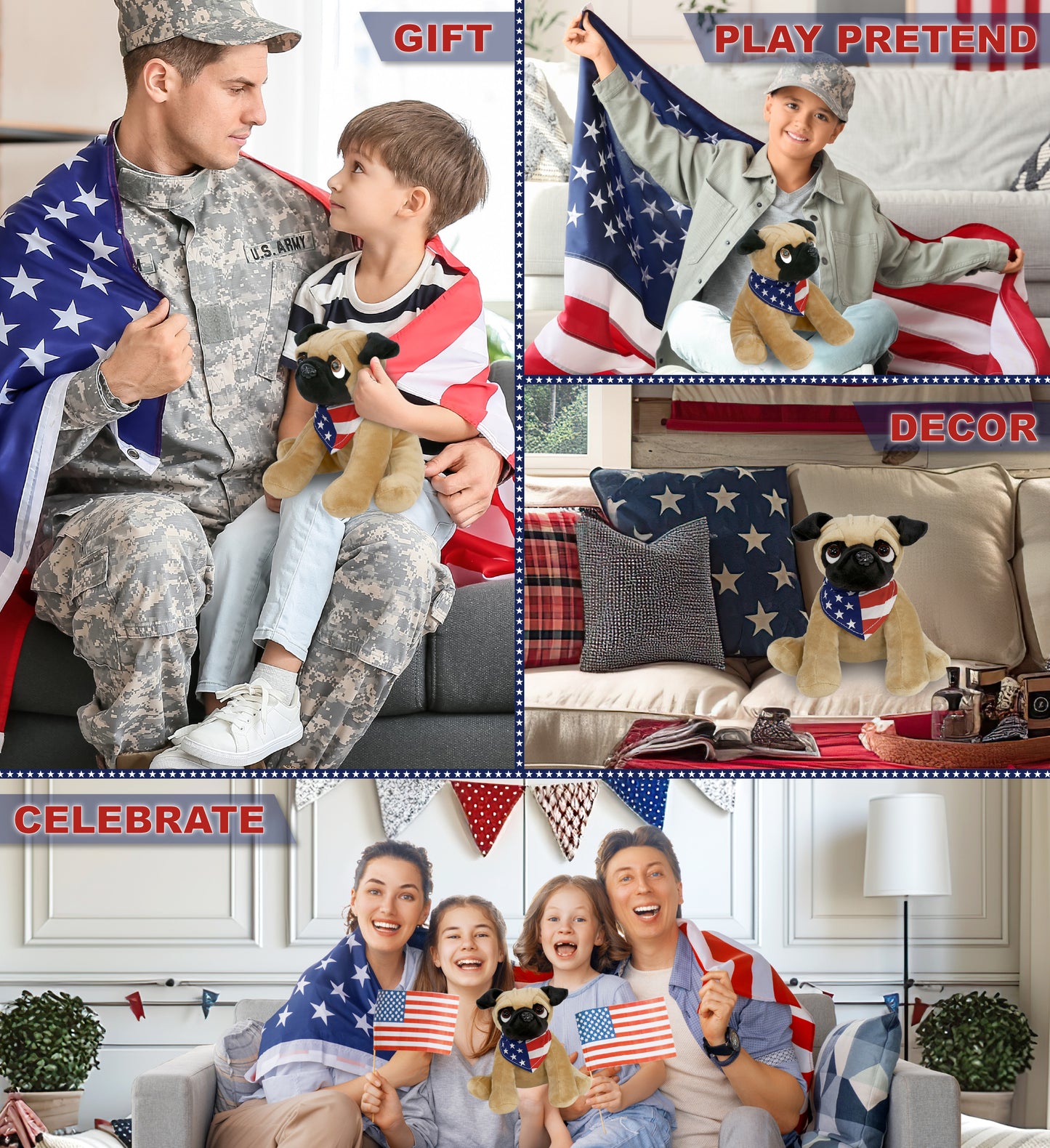 PLUSH - PUG DOG 8" WITH USA FLAG BANDANA