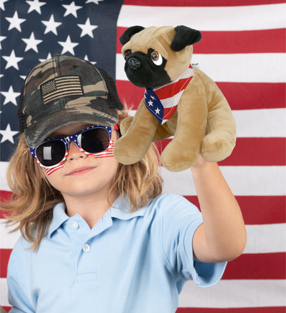 PLUSH - PUG DOG 8" WITH USA FLAG BANDANA