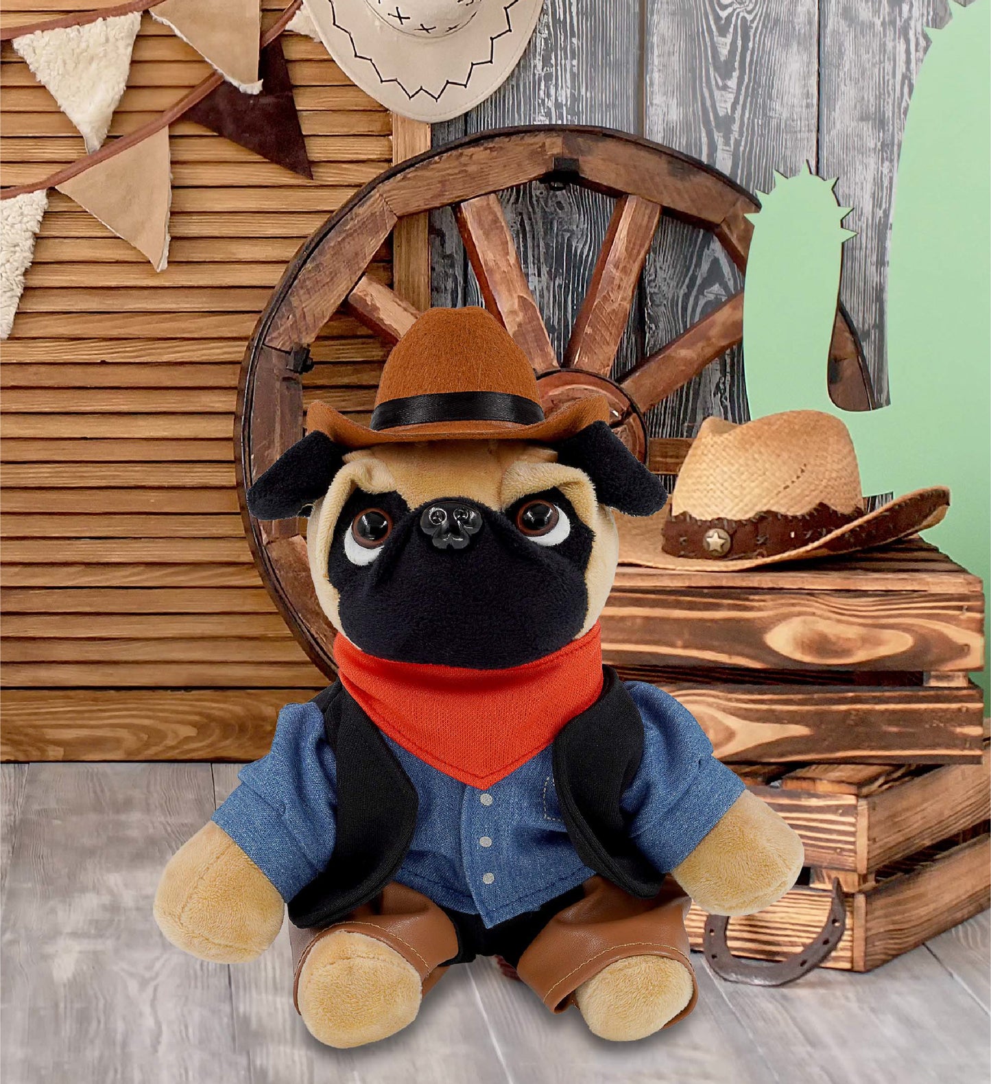 PLUSH - PUG DOG 8" COWBOY DRESS UP