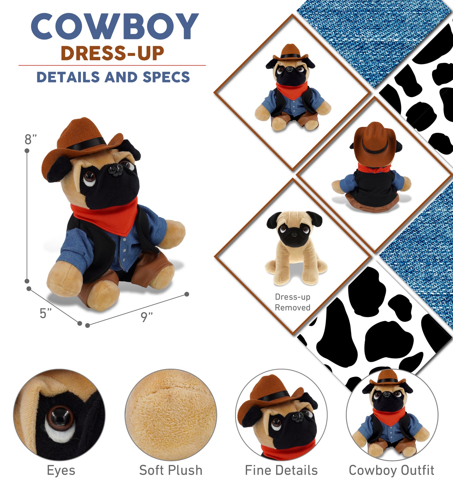 PLUSH - PUG DOG 8" COWBOY DRESS UP