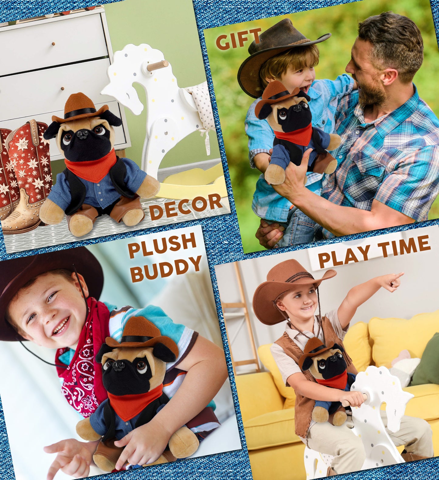 PLUSH - PUG DOG 8" COWBOY DRESS UP