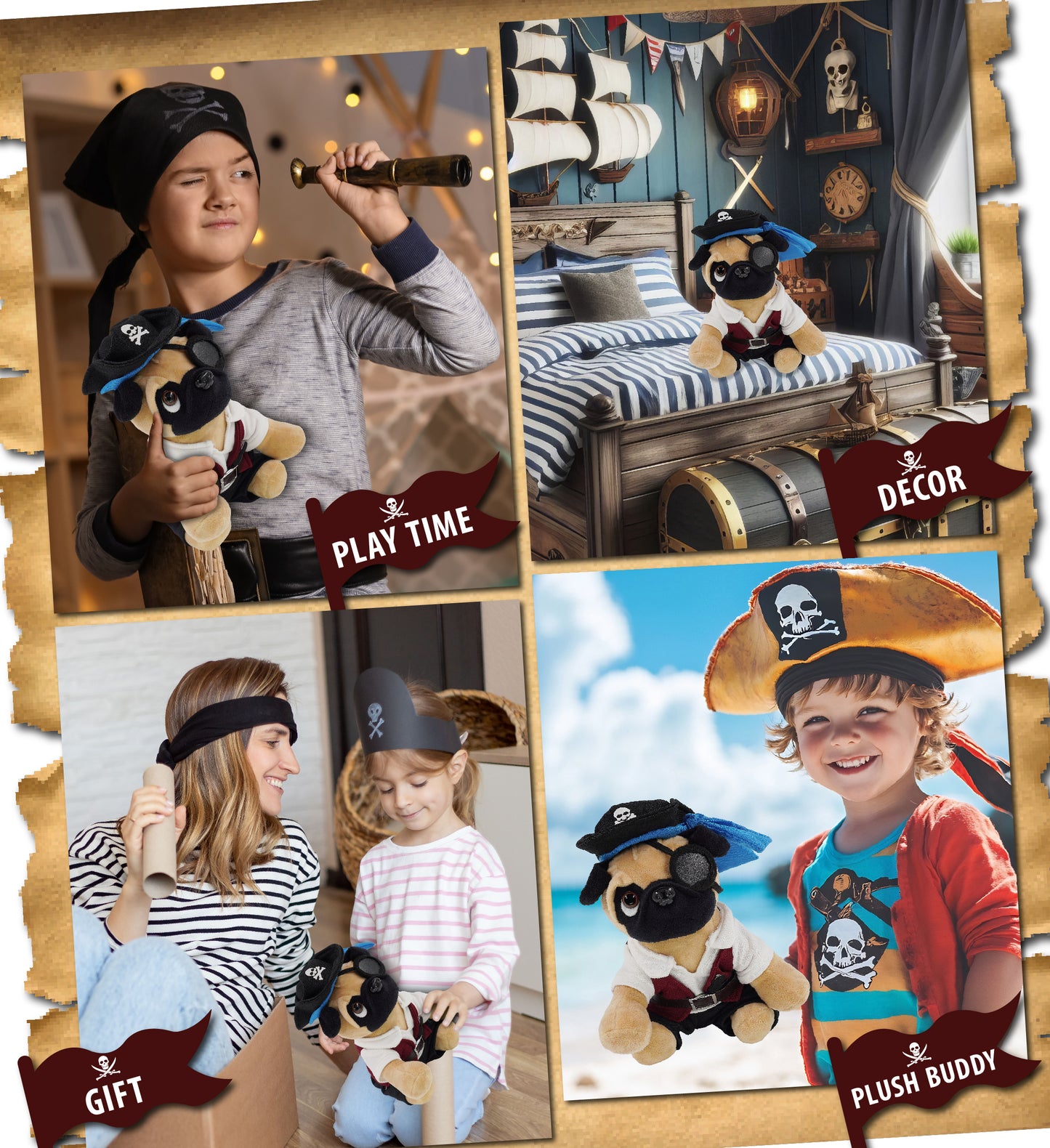 PLUSH - PUG DOG 8" WITH PIRATE DRESS UP