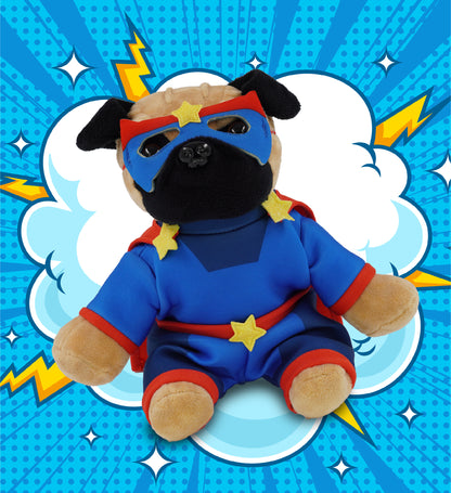 PLUSH - PUG DOG 8" WITH SUPER HERO DRESS UP