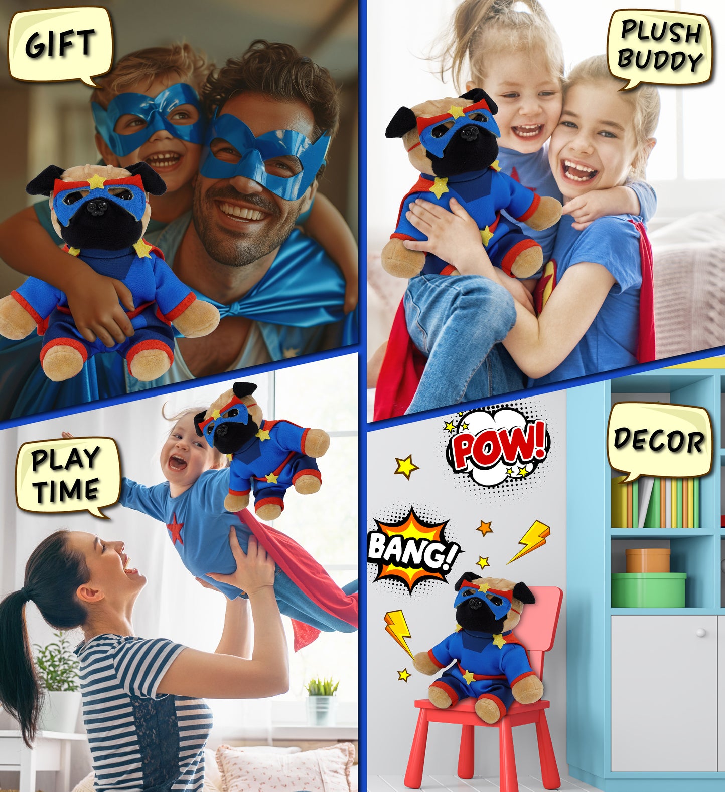 PLUSH - PUG DOG 8" WITH SUPER HERO DRESS UP