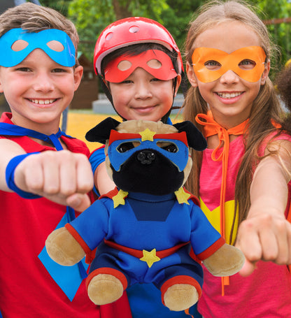 PLUSH - PUG DOG 8" WITH SUPER HERO DRESS UP
