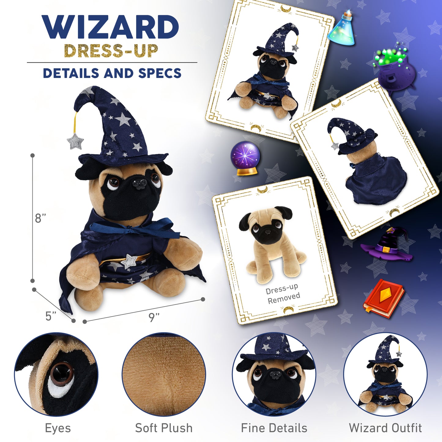 PLUSH - PUG DOG 8" WITH WIZARD DRESS UP