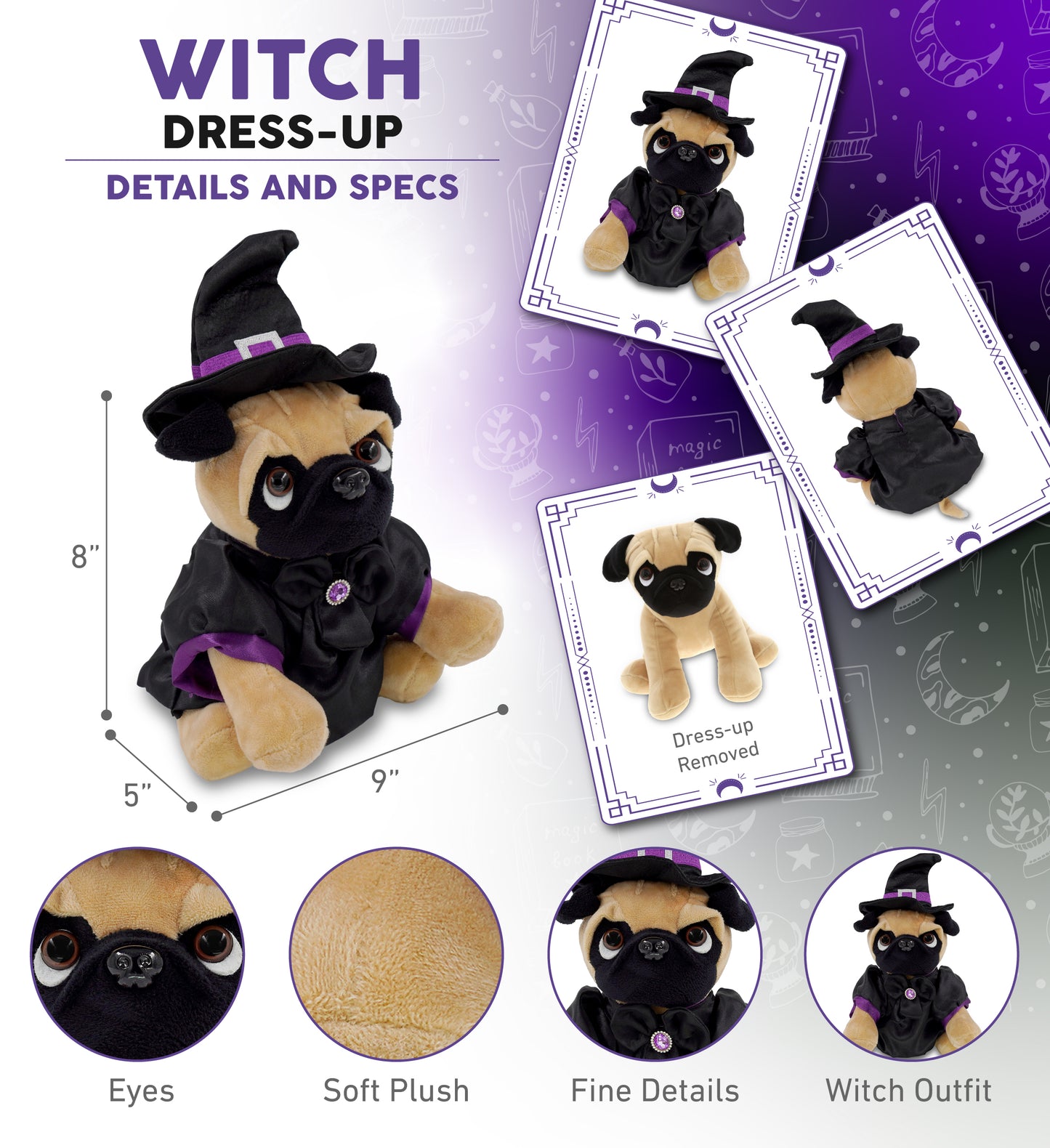 PLUSH - PUG DOG 8" WITH WITCH DRESS UP