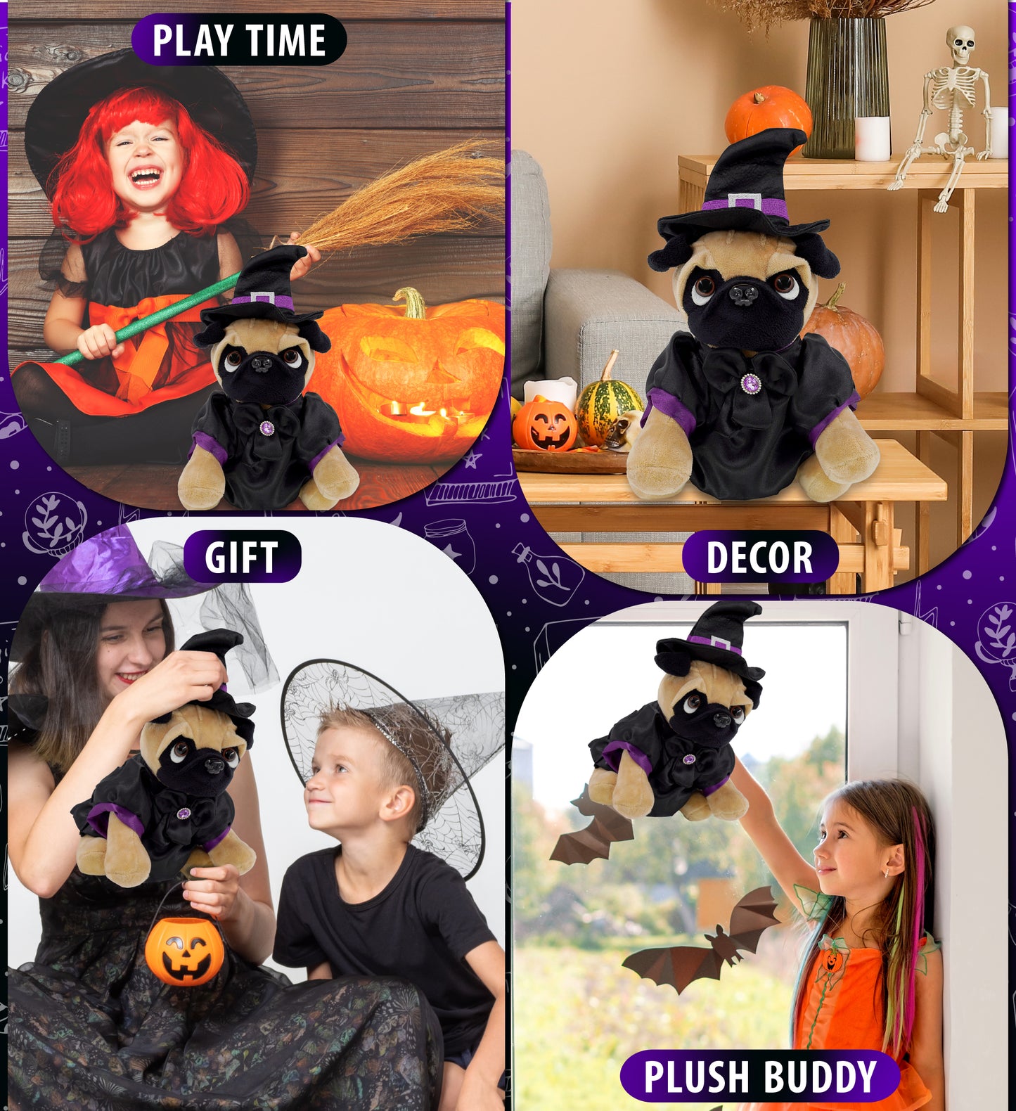 PLUSH - PUG DOG 8" WITH WITCH DRESS UP