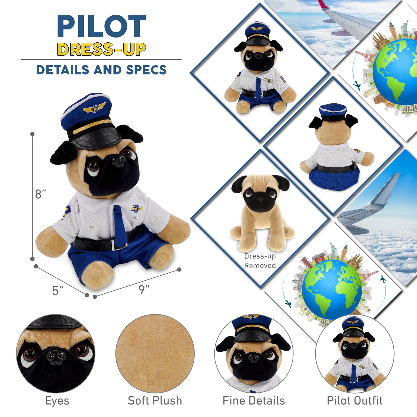 PLUSH - PUG DOG 8" WITH PILOT DRESS UP