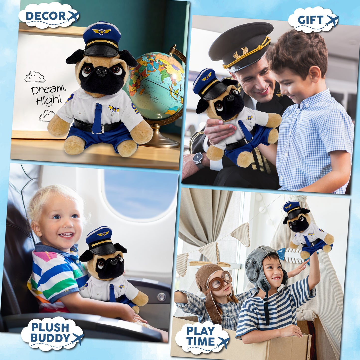 PLUSH - PUG DOG 8" WITH PILOT DRESS UP