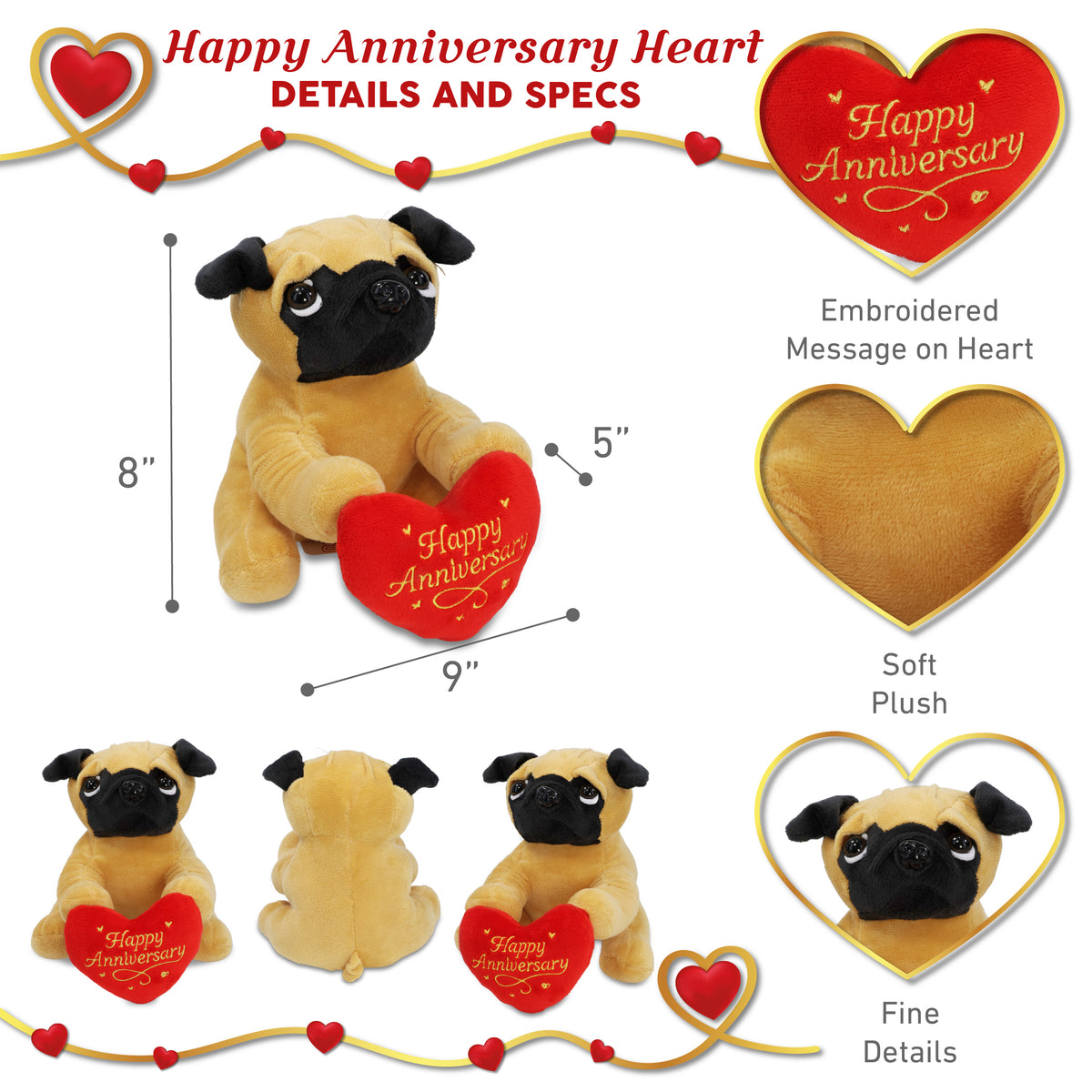 PLUSH - PUG DOG 8" WITH HAPPY ANNIVERSARY HEART