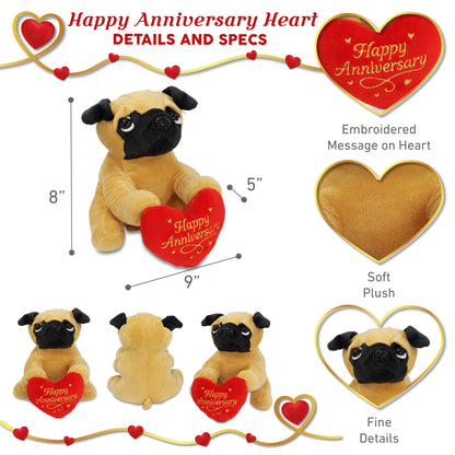 PLUSH - PUG DOG 8" WITH HAPPY ANNIVERSARY HEART