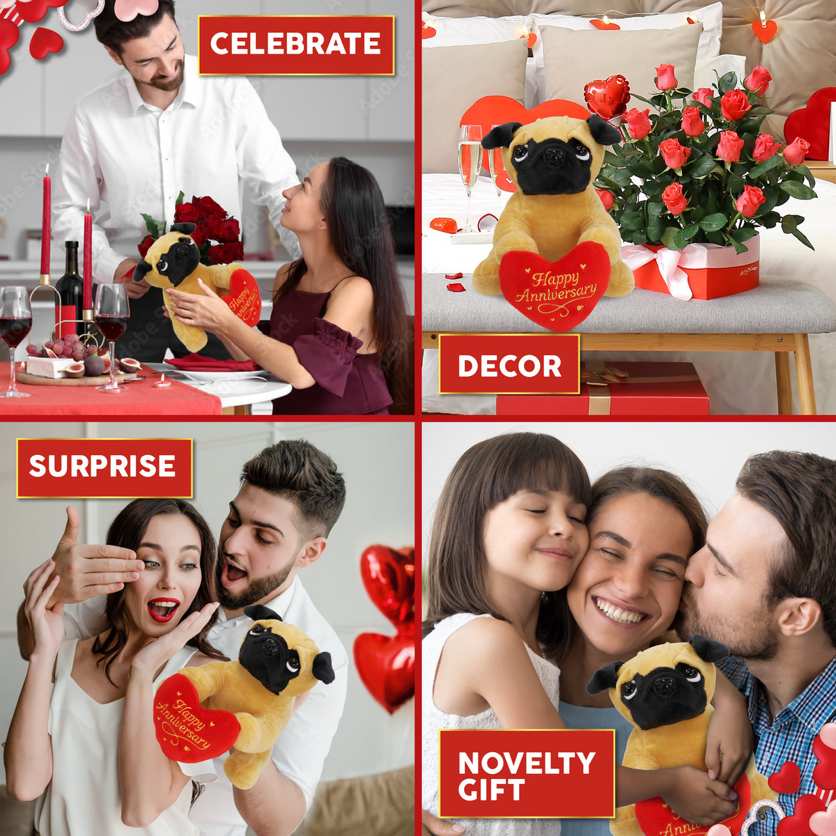 PLUSH - PUG DOG 8" WITH HAPPY ANNIVERSARY HEART