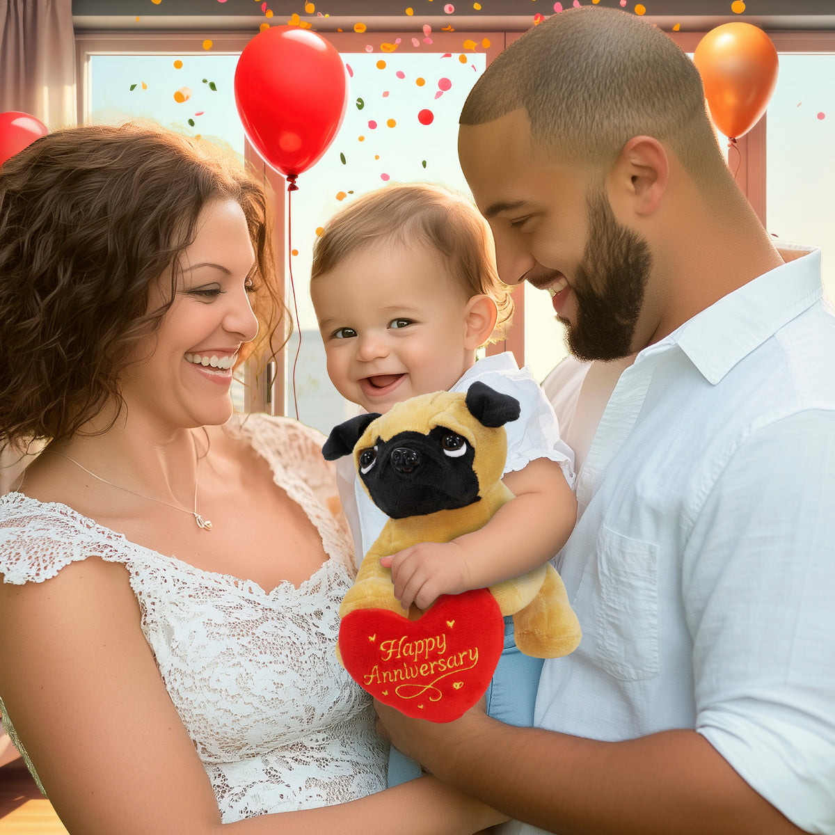 PLUSH - PUG DOG 8" WITH HAPPY ANNIVERSARY HEART
