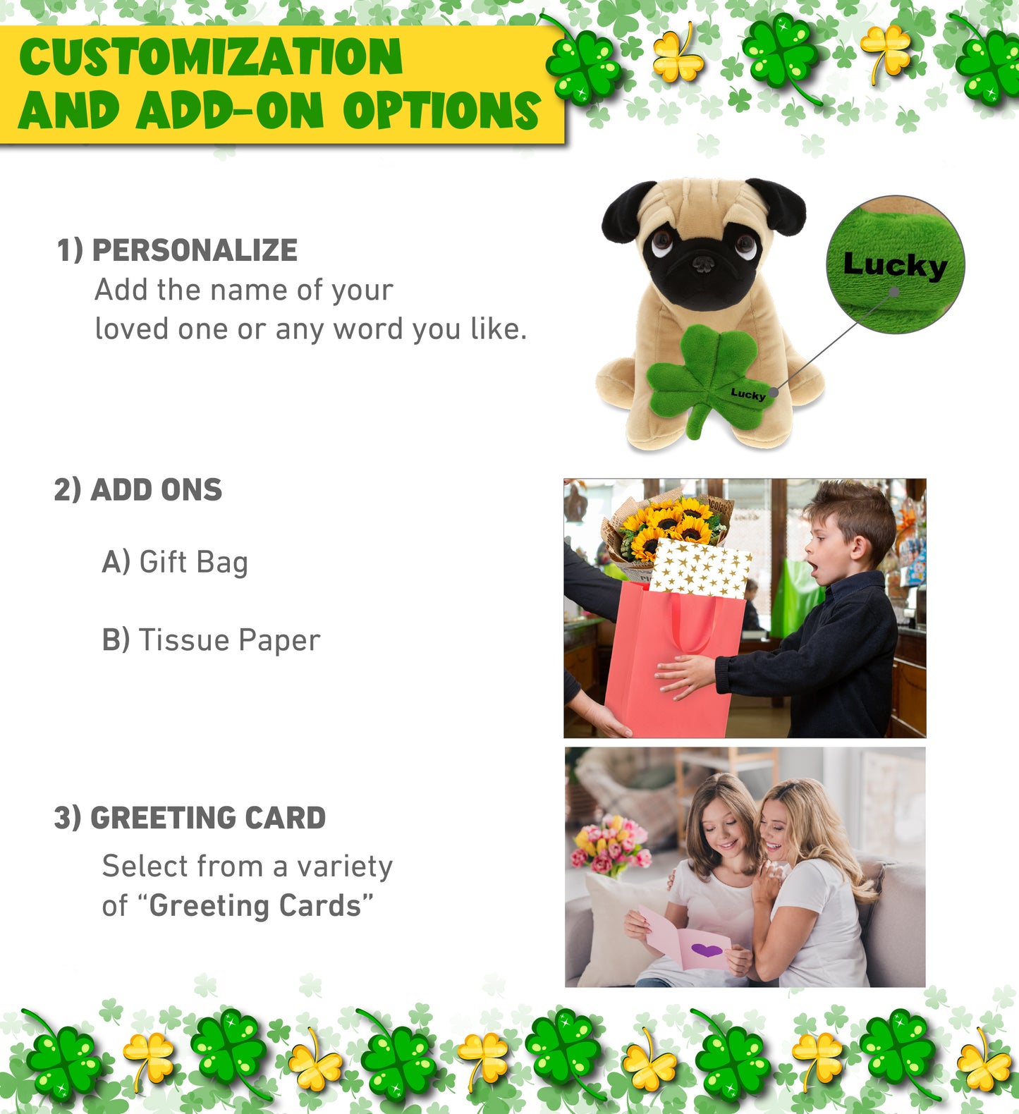 DolliBu Big-Eyed Pug Dog Stuffed Animal with Green Plush Shamrock - 9 Inches
