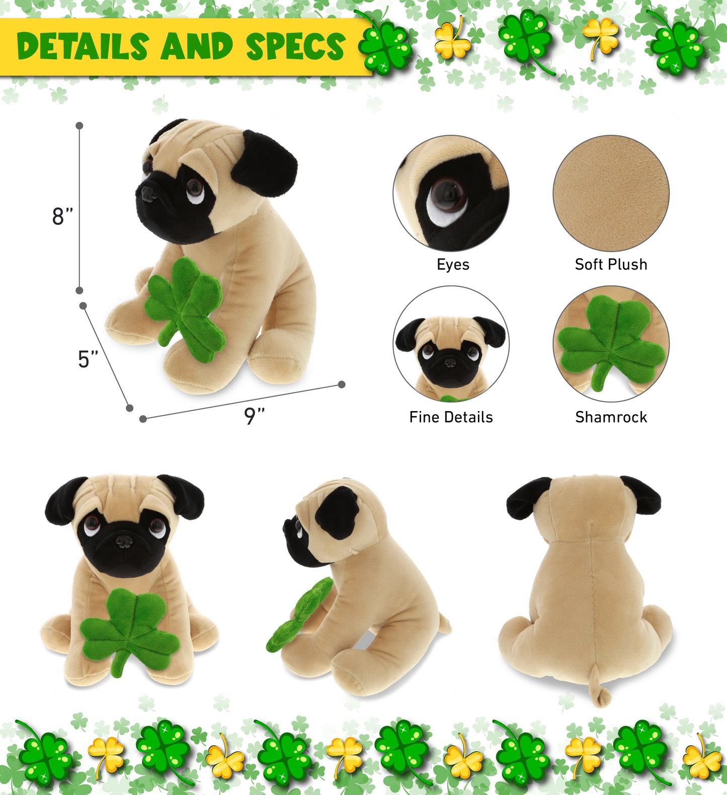 DolliBu Big-Eyed Pug Dog Stuffed Animal with Green Plush Shamrock - 9 Inches