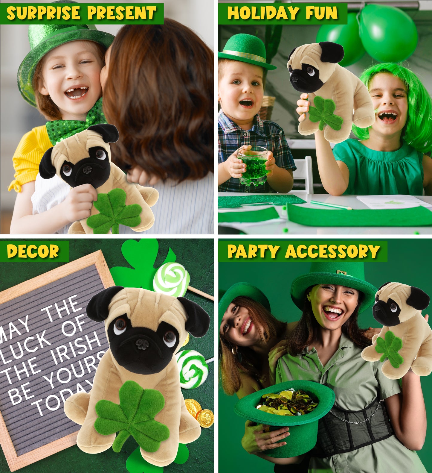 DolliBu Big-Eyed Pug Dog Stuffed Animal with Green Plush Shamrock - 9 Inches