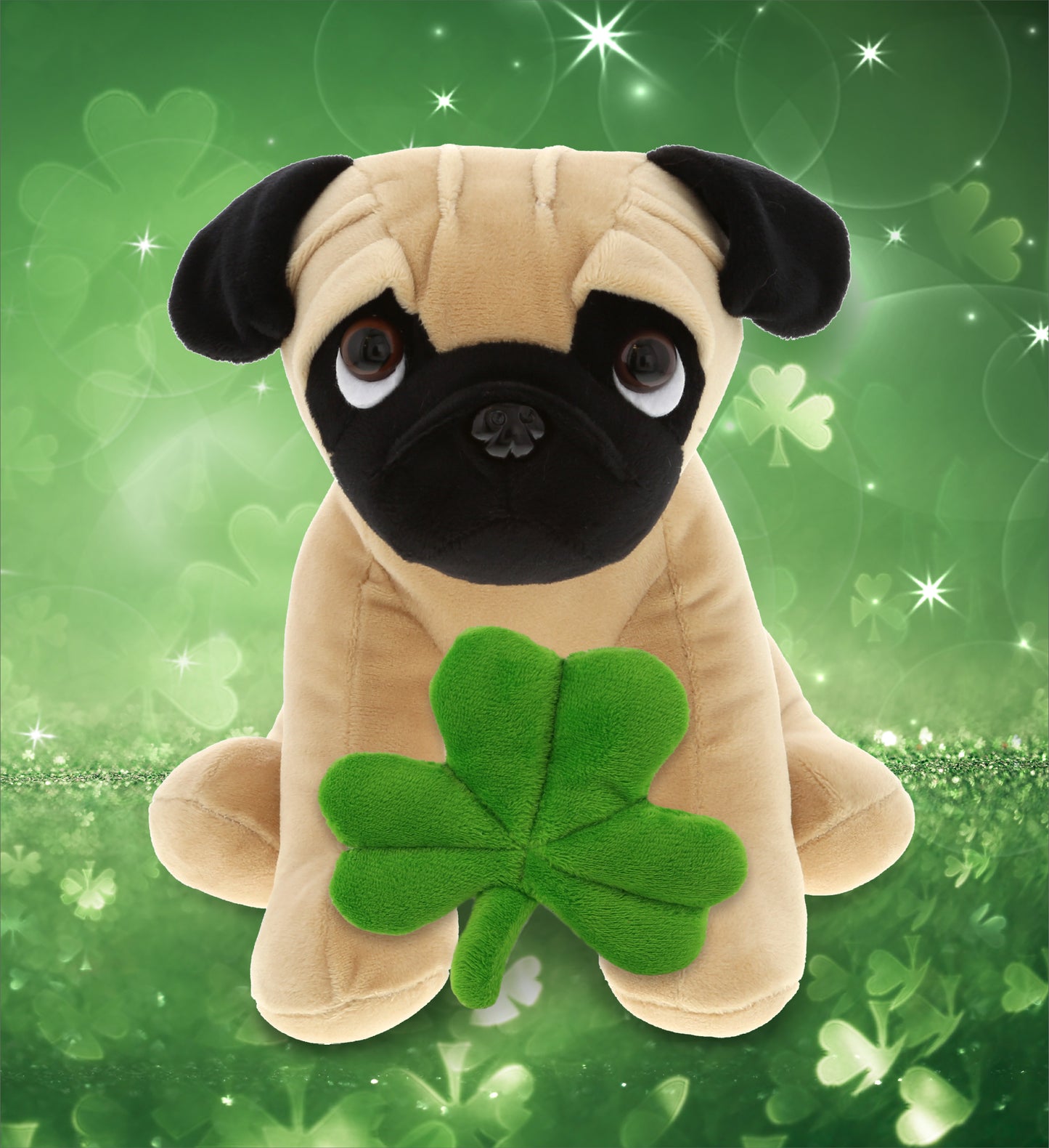 DolliBu Big-Eyed Pug Dog Stuffed Animal with Green Plush Shamrock - 9 Inches