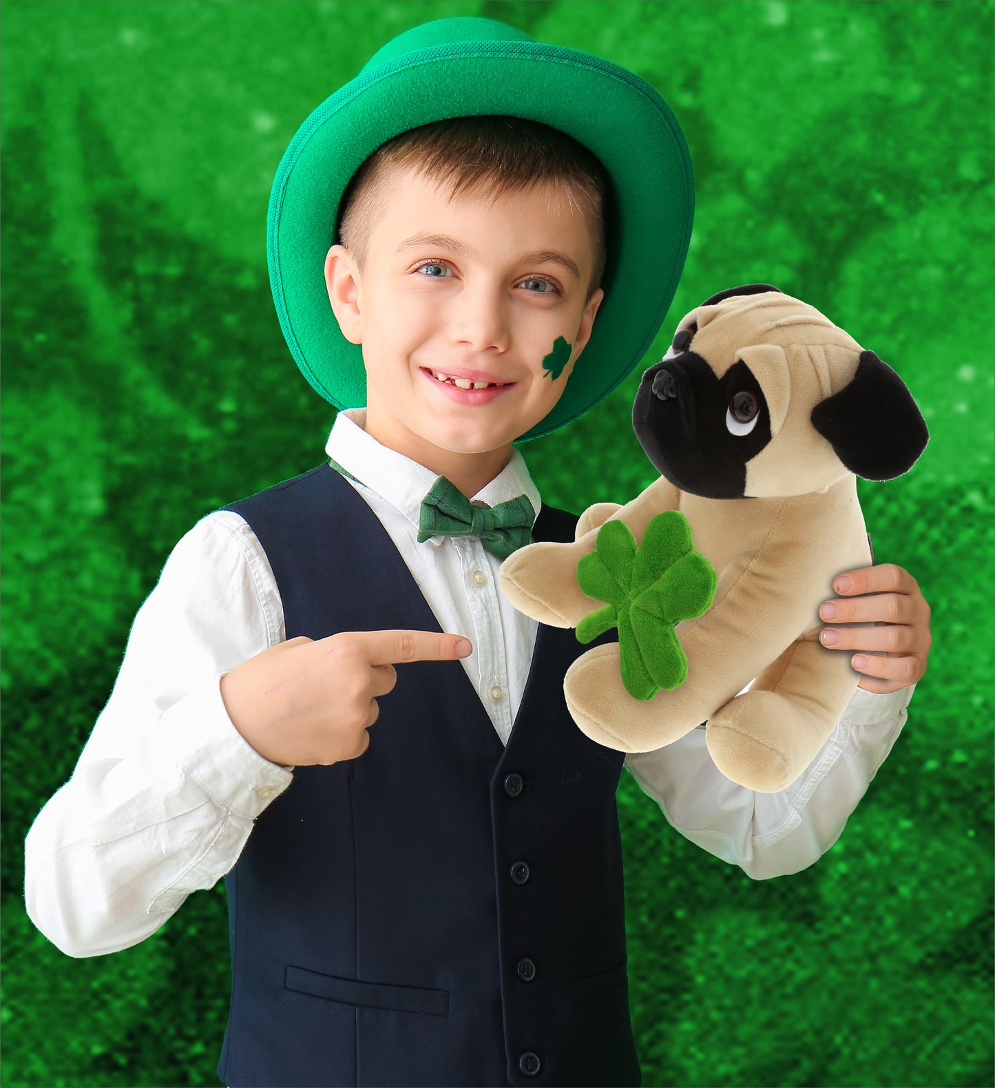 DolliBu Big-Eyed Pug Dog Stuffed Animal with Green Plush Shamrock - 9 Inches