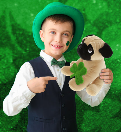 DolliBu Big-Eyed Pug Dog Stuffed Animal with Green Plush Shamrock - 9 Inches