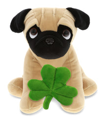 DolliBu Big-Eyed Pug Dog Stuffed Animal with Green Plush Shamrock - 9 Inches