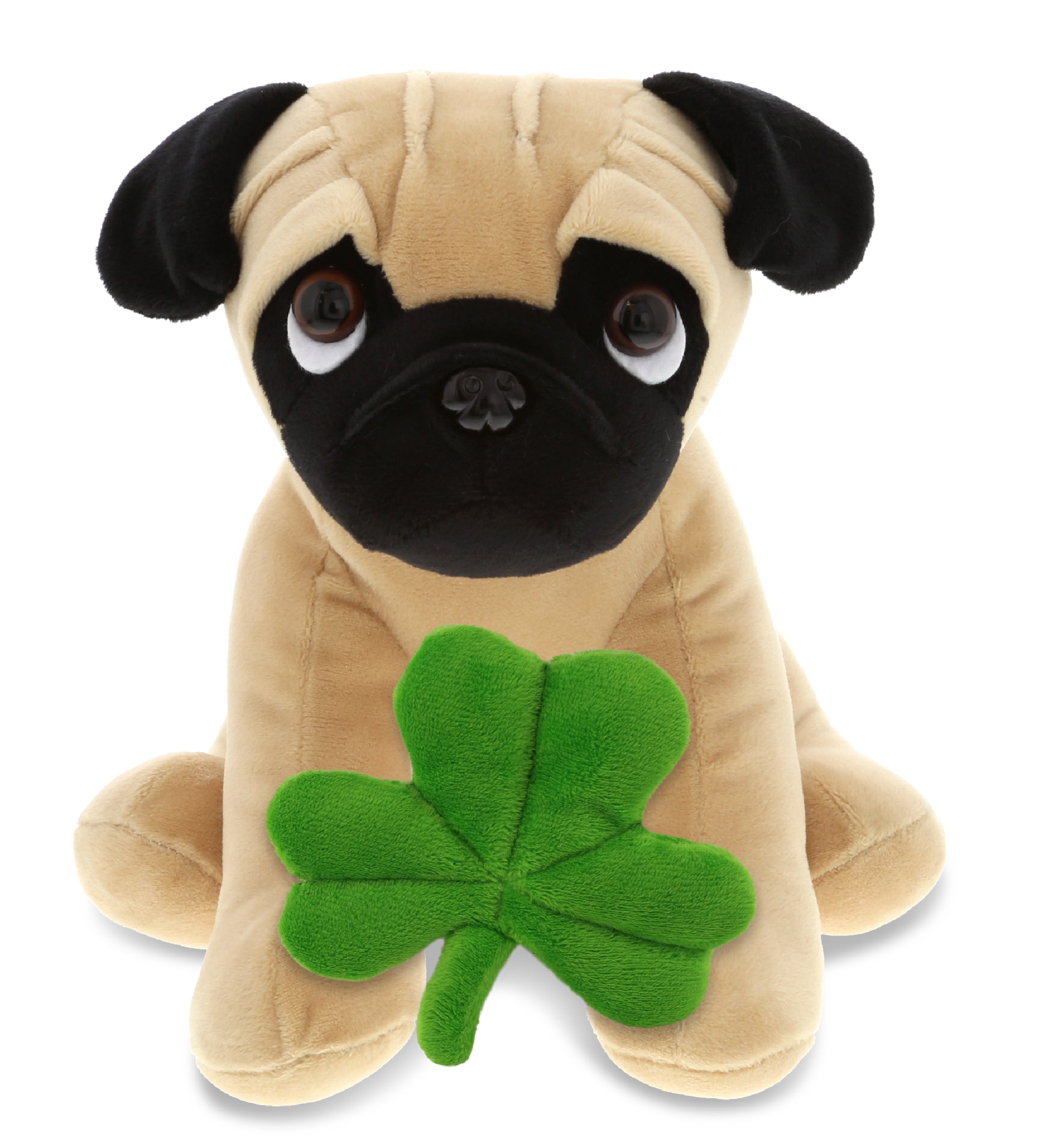 DolliBu Big-Eyed Pug Dog Stuffed Animal with Green Plush Shamrock - 9 Inches