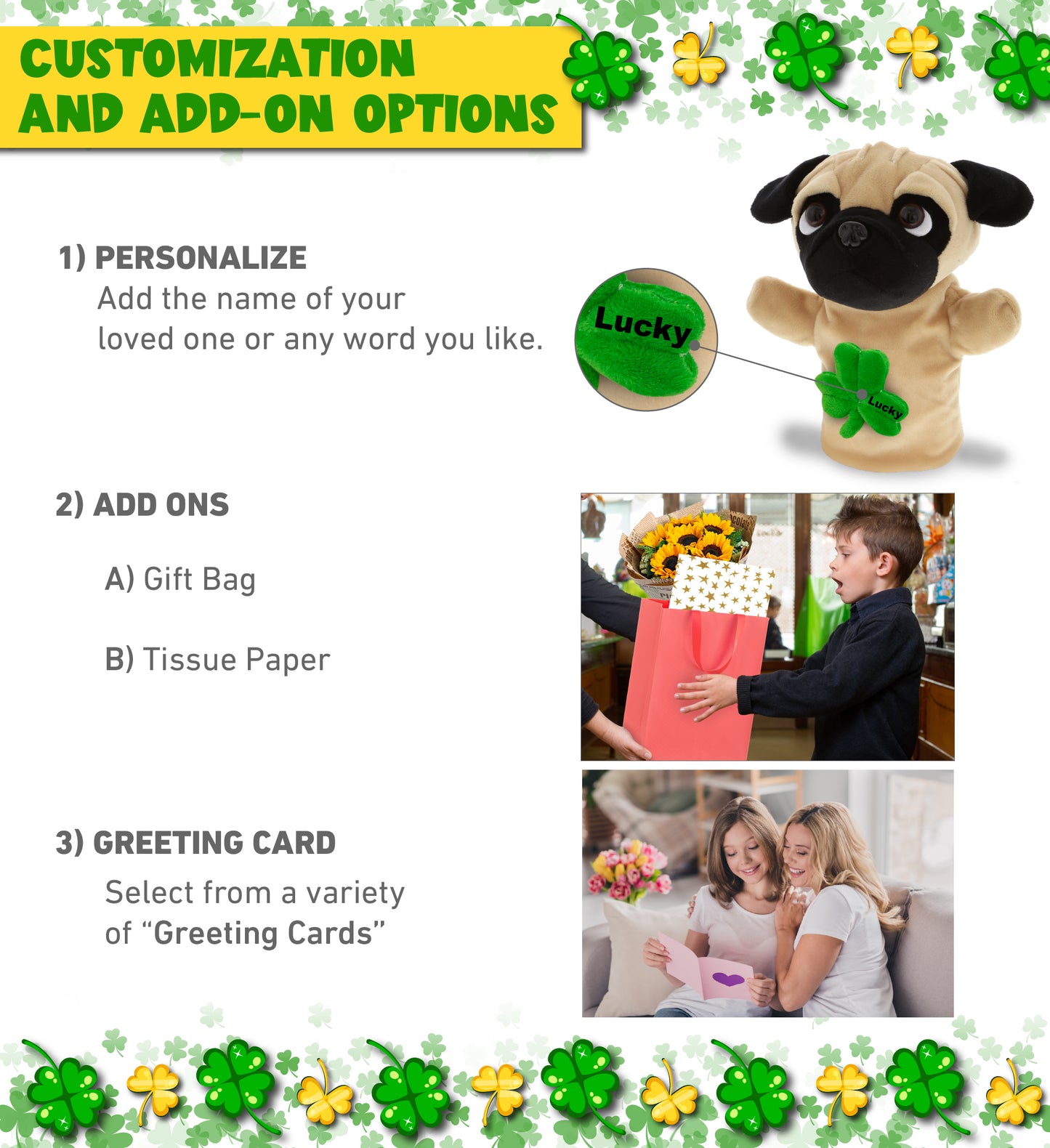 DolliBu Pug Dog Hand Puppet Stuffed Animal with Green Plush Shamrock - 8.5 Inch