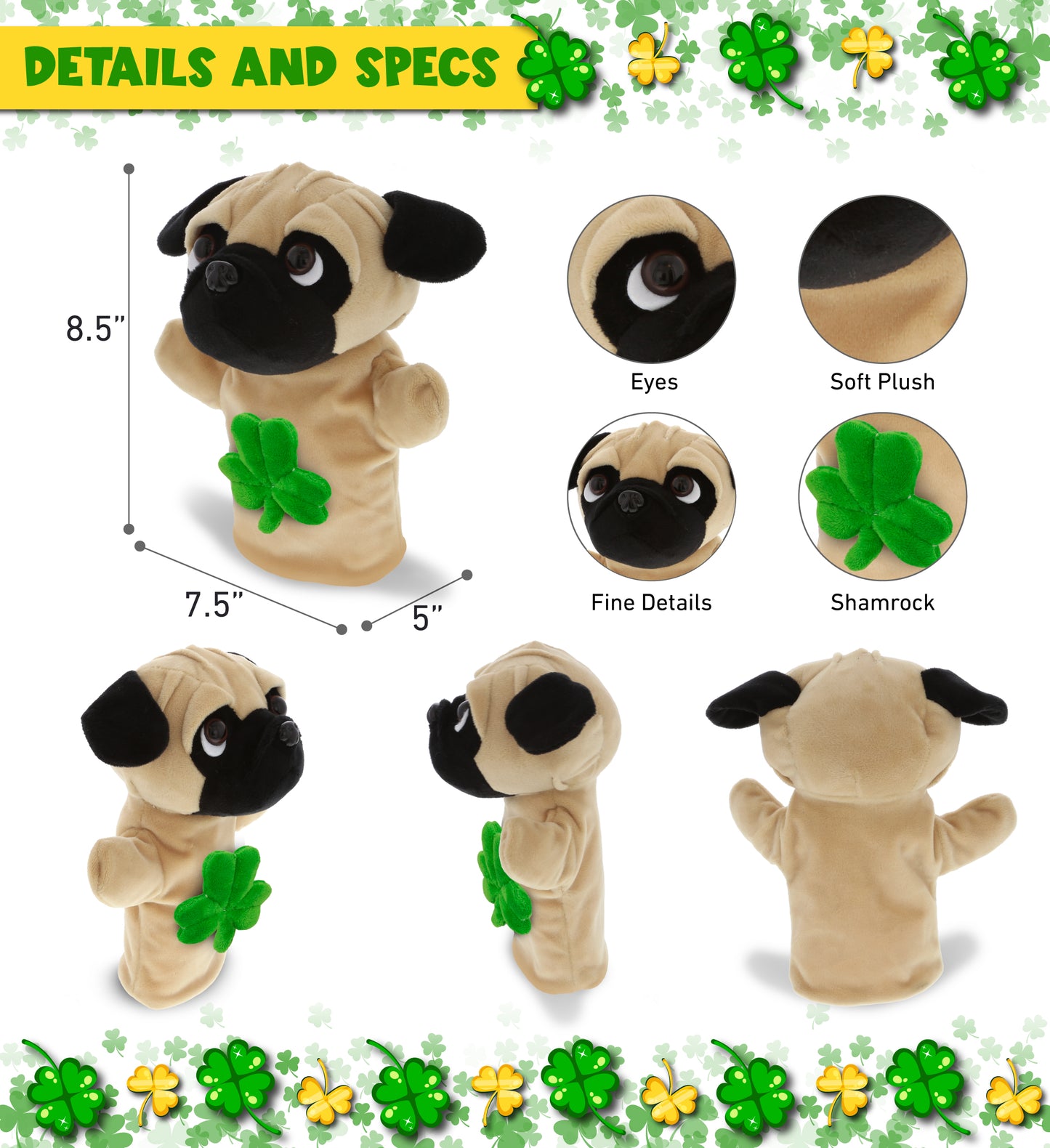 DolliBu Pug Dog Hand Puppet Stuffed Animal with Green Plush Shamrock - 8.5 Inch