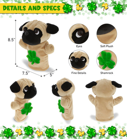 DolliBu Pug Dog Hand Puppet Stuffed Animal with Green Plush Shamrock - 8.5 Inch