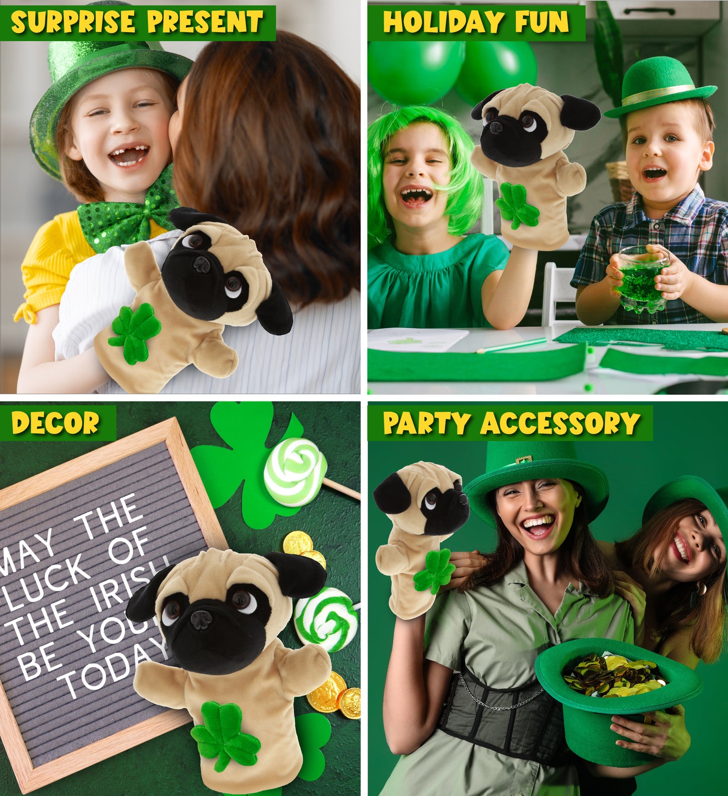 DolliBu Pug Dog Hand Puppet Stuffed Animal with Green Plush Shamrock - 8.5 Inch