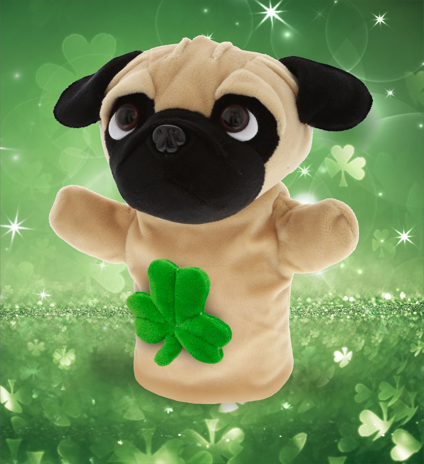 DolliBu Pug Dog Hand Puppet Stuffed Animal with Green Plush Shamrock - 8.5 Inch