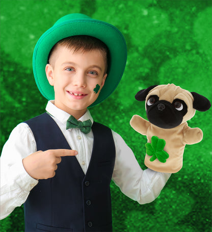 DolliBu Pug Dog Hand Puppet Stuffed Animal with Green Plush Shamrock - 8.5 Inch