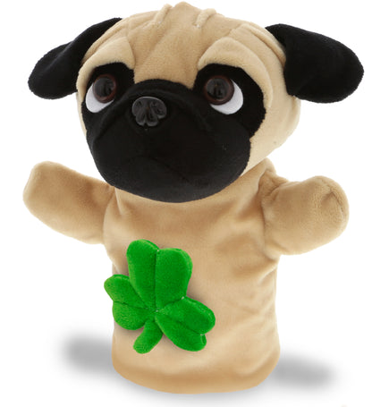 DolliBu Pug Dog Hand Puppet Stuffed Animal with Green Plush Shamrock - 8.5 Inch