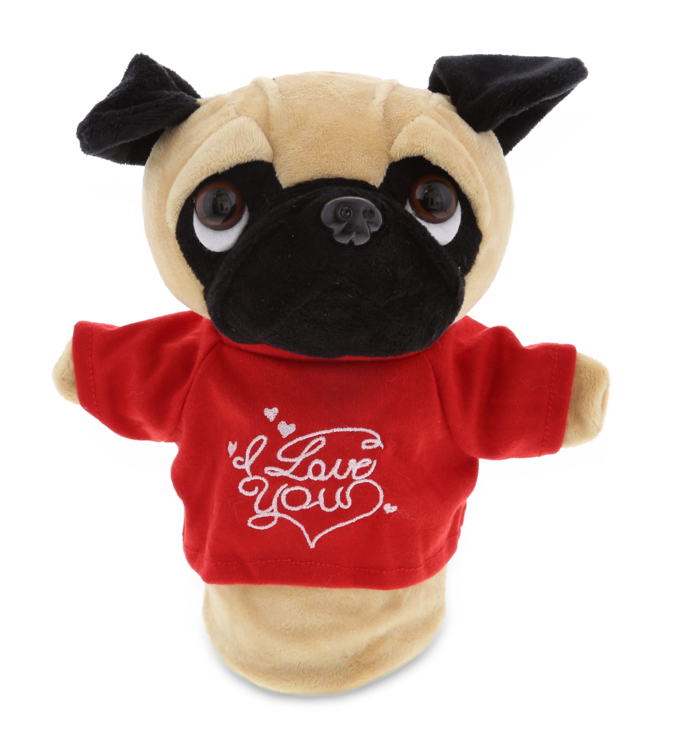 PLUSH I LOVE YOU RED SHIRT- PLUSH HAND PUPPET - PUG DOG