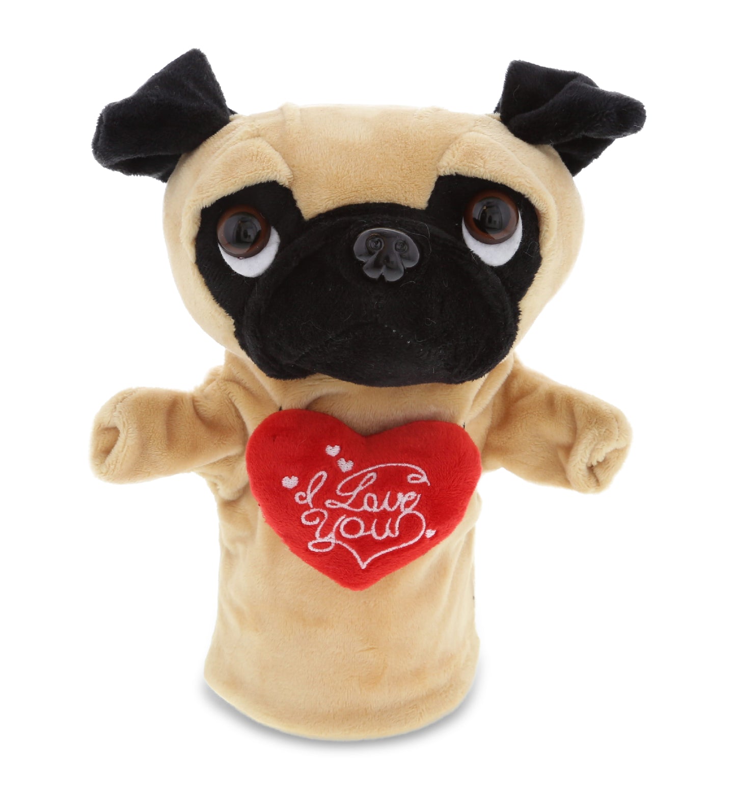 PLUSH I LOVE YOU RED HEART - PLUSH HAND PUPPET - PUG DOG