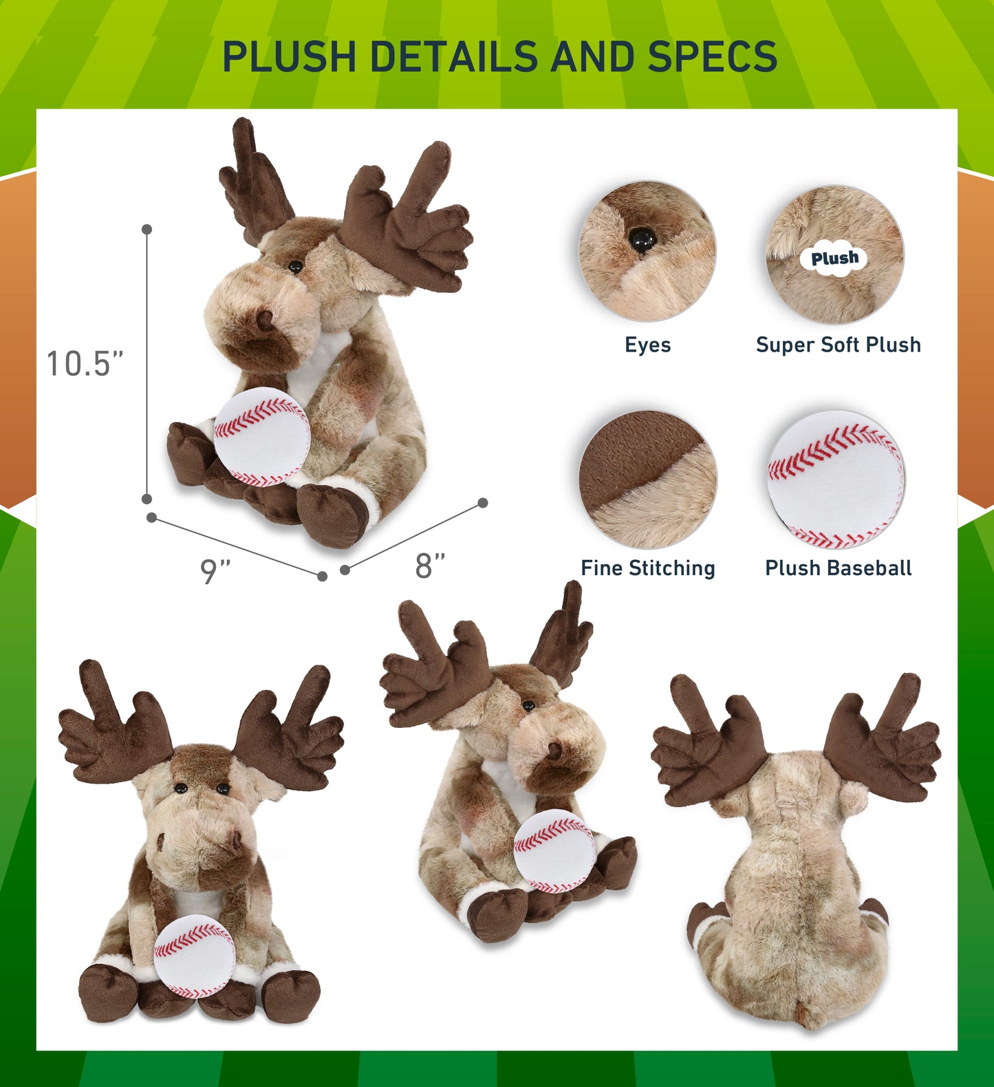 SUPER SOFT PLUSH - FOREST FLOPPY MOOSE 10.5" WITH BASEBALL PLUSH