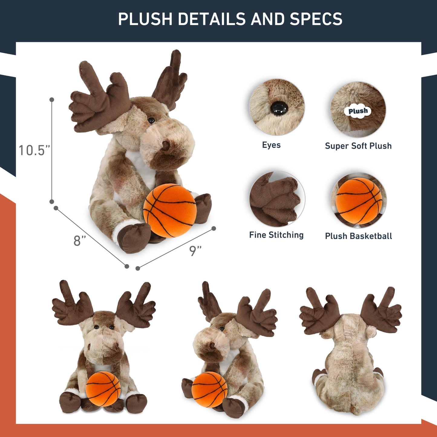 SUPER SOFT PLUSH - FOREST FLOPPY MOOSE 10.5" WITH BASKETBALL PLUSH