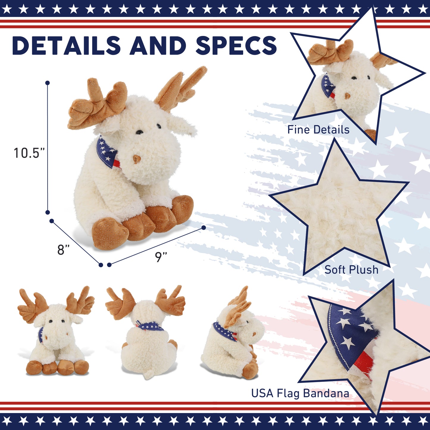 SUPER SOFT PLUSH - FANCY FLOPPY MOOSE 10.5" WITH USA BANDANA
